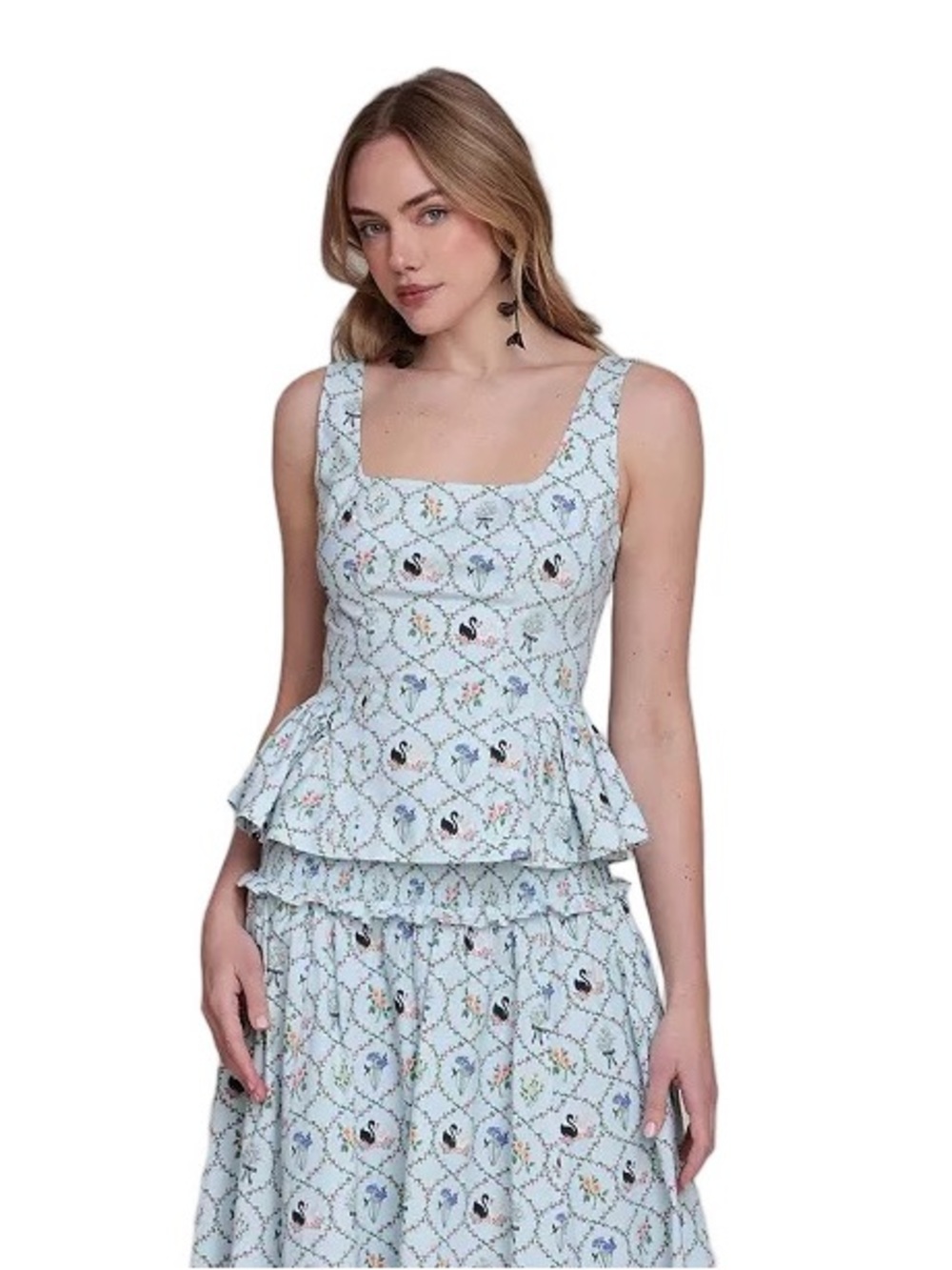 Avec Les Filles Size Medium Blue Swan Peplum Top Skeeveless